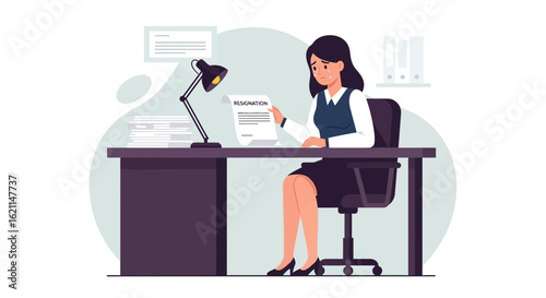 Distressed Employee Contemplating Resignation Letter In Office Setting Illustration