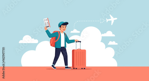 Enthusiastic traveler with luggage and tickets ready for a delightful flight illustration