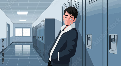 Distressed Student In School Hallway With Sad Expression And Tears