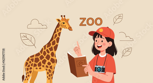 Enthusiastic Traveler Explores The Zoo With Giraffe And Camera Ready