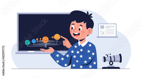 Enthusiastic Young Astronomer Presenting Solar System Model During Science Lesson