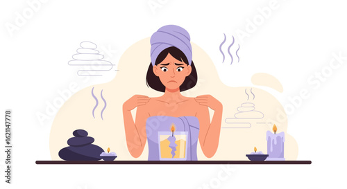 Distressed woman experiencing spa or self-care anxieties in a serene setting