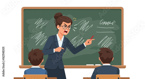 Exasperated Teacher Scolding Students At The Chalkboard In A Classroom