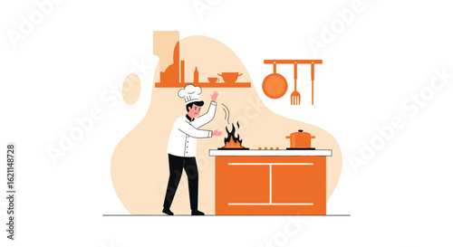 Excited Chef With Food On Fire In The Kitchen Illustration