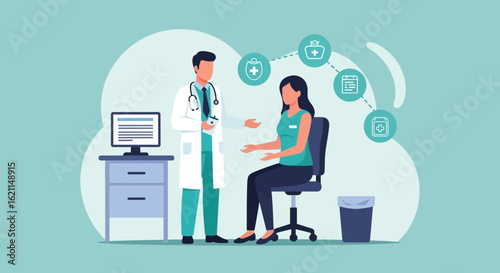 Doctor Consultation With Female Patient In Clinic With Online Health Service