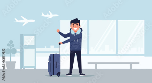 Excited traveler with luggage in airport terminal ready for vacation travel