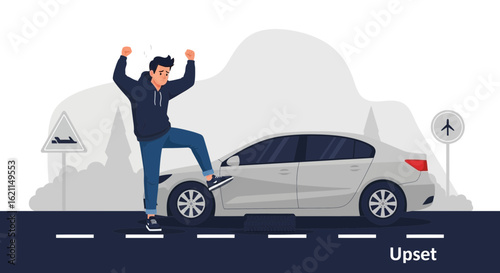 Frustrated car owner expressing anger due to a flat tire incident illustration