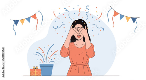 Excited woman covering eyes for a surprise birthday party celebration moment