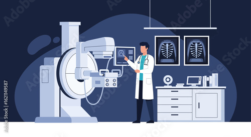 Doctor Inspecting Chest X-Ray Images Near Modern Medical Equipment in Clinic Room