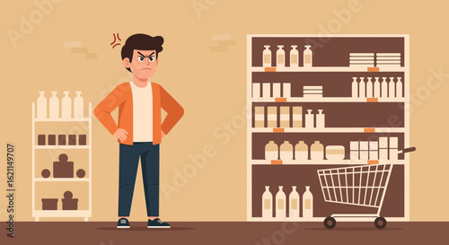 Frustrated customer in supermarket angry about product availability and pricing issues on shelf