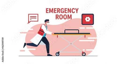 Doctor Rushing With Stretcher To Emergency Room For Medical Assistance
