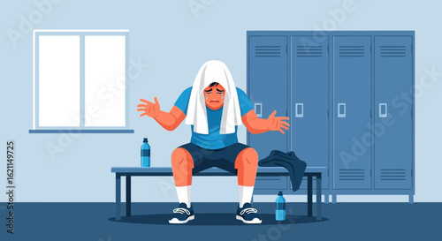 Exhausted Athlete in Locker Room After Workout Feeling Burned Out and Dejected