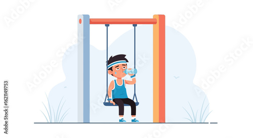 Exhausted Boy Sipping Water on a Swing After Physical Activity