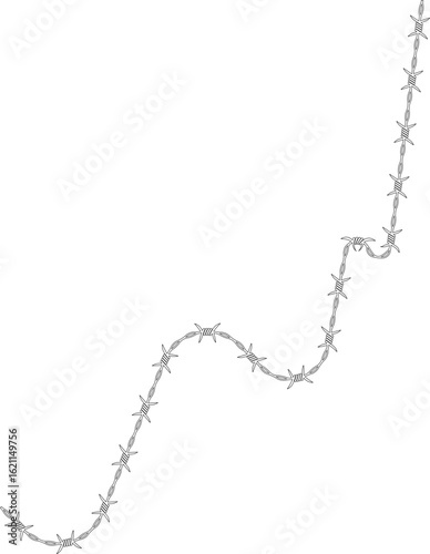 Barbed wire forming a path with irregular peaks and barbs distributed unevenly along its length.