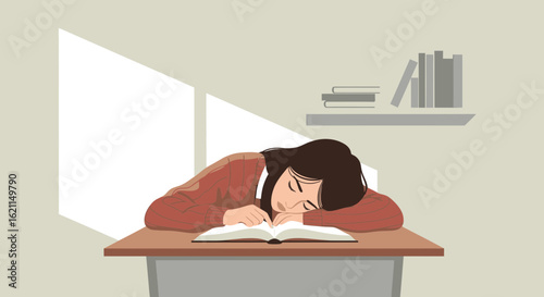 Exhausted Student Falls Asleep While Studying With An Open Book