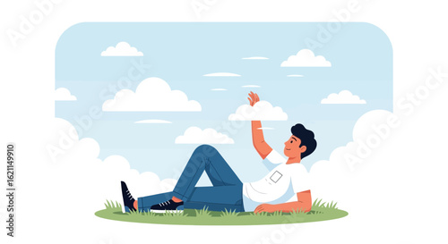 Dreaming In The Clouds Young Man Reaching For The Sky Resting On The Grass