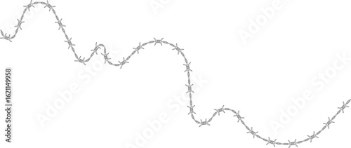 Barbed wire element forming a zigzag pattern that alternates direction and has barbs distributed along its path.