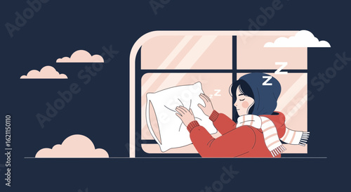 Dreamy night scene of a girl sleeping soundly by the window with soft clouds