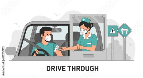 Drive Through Vaccination Illustration During Pandemic Against Covid 19 Virus