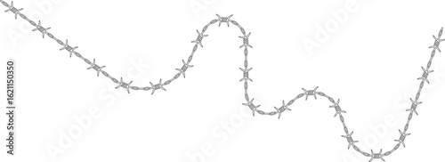 Barbed wire element forming a zigzag shape in which the angles vary and has barbs distributed along its path.