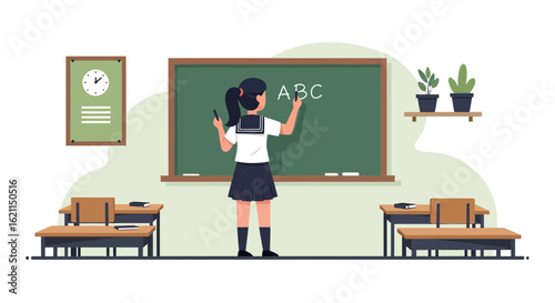 Education Concept With Student At Blackboard In Classroom Learning ABC
