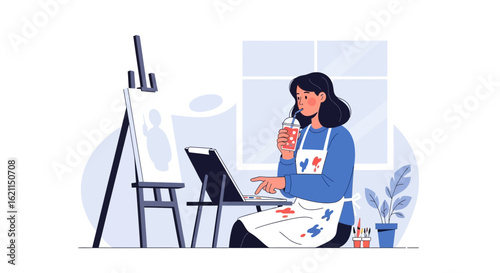 Creative Woman Working on Laptop and Painting Drinking Refreshing Smoothie