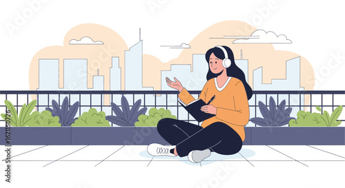 Creative Woman Writing on A Rooftop With City Views And Listening Music
