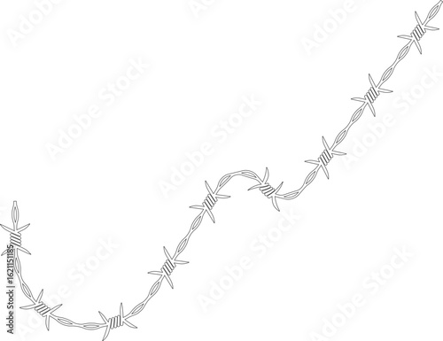 Barbed wire forming a broken path with abrupt separations and barbs distributed along its course.