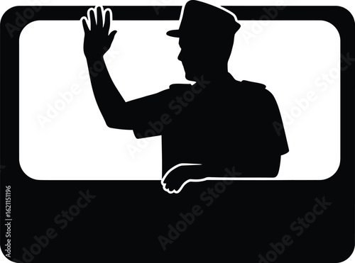 Silhouette of a bus driver waving from the window, symbolizing public transportation and urban commuting isolated on white background