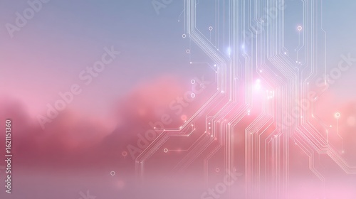Electronic circuit lines glowing on a pink and purple background
