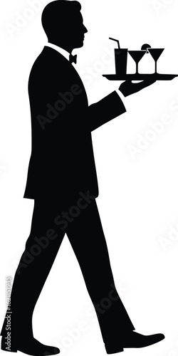 Silhouette of a waiter carrying a tray with cocktails isolated on white background, perfect for menus, invitations, and designs related to hospitality