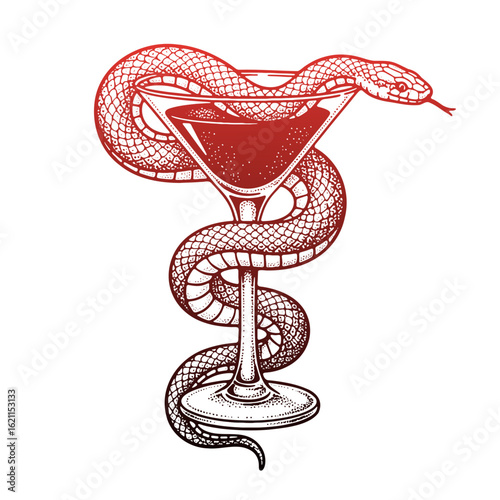 snake wrapped around a martini cocktail glass vintage illustration