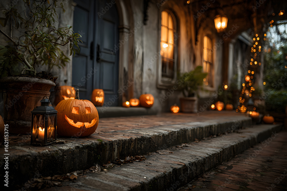 Obraz premium Close up of halloween pumpkin lantern decorations sits on the front porch steps of a house