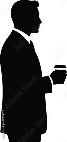 Silhouette of a businessman holding a coffee cup, isolated on white background, enjoying a break during a busy workday