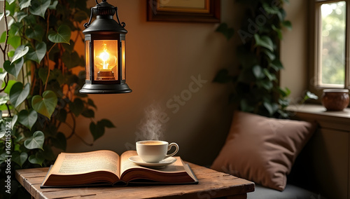 A cozy vintage reading nook with a hanging lantern .