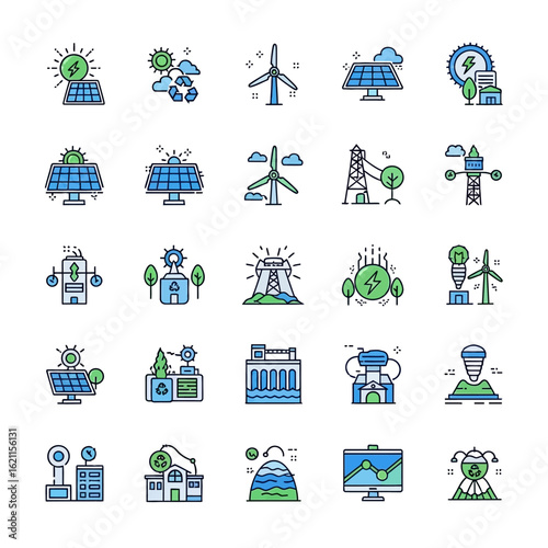 Renewable energy sources icons: solar panels, wind turbines, hydroelectric power, and geothermal energy.