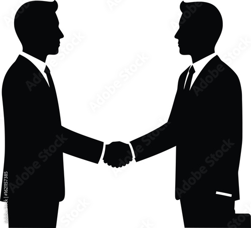 Two businessmen in suits shaking hands in agreement, a symbol of partnership, isolated on white background, a vector illustration for business concepts