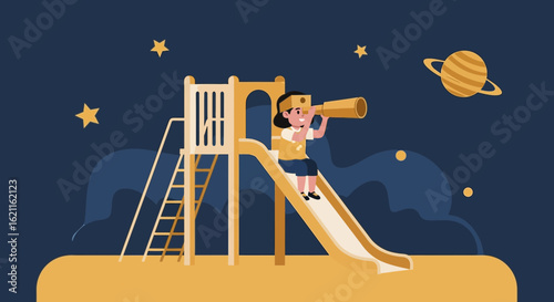Child Dreams Of Space Exploration While Playing On Playground At Night