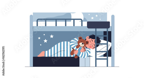 Child Sleeping Peacefully in Bunk Bed with a Teddy Bear at Night