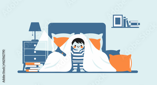 Child's playful antics under the covers evoke a sense of bedtime innocence and joy