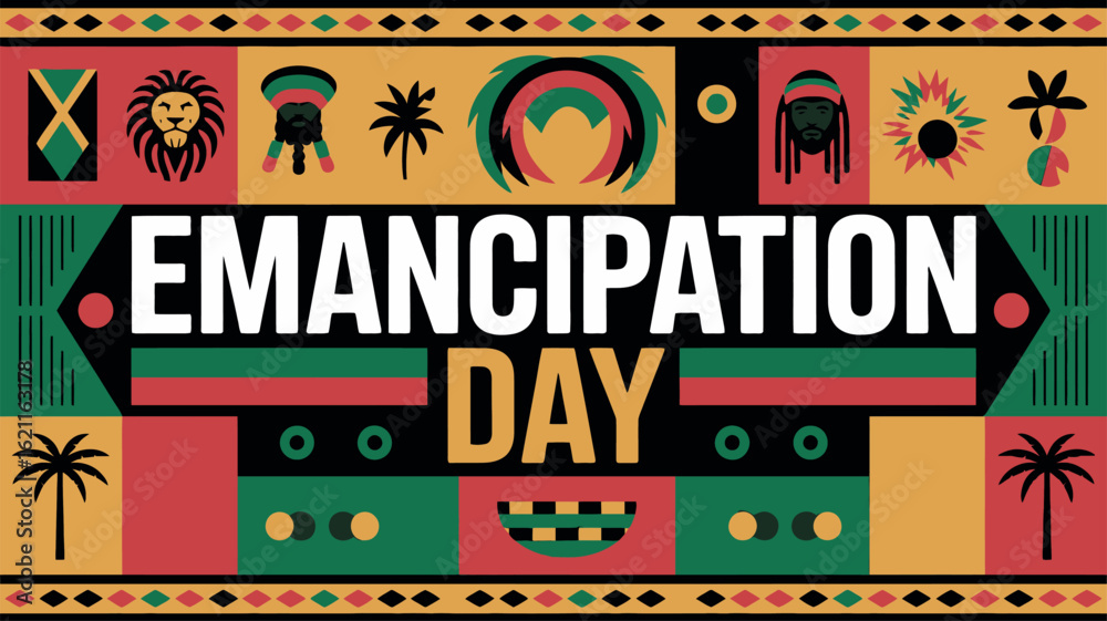 Αυτοκόλλητο Jamaica Emancipation Day Celebration with Afro-Caribbean Art, Lion, and Rastafar