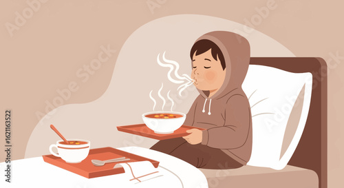 Comforting Hot Meal On Bed For Sick Child With A Hooded Sweatshirt