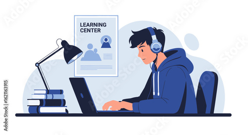 Concentrated Young Man Learning Online Attending Virtual Classes From Home Desk