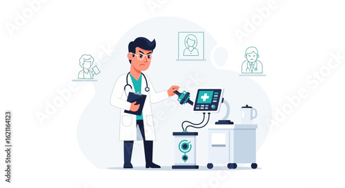 Concerned doctor adjusting medical equipment with patient representations in background