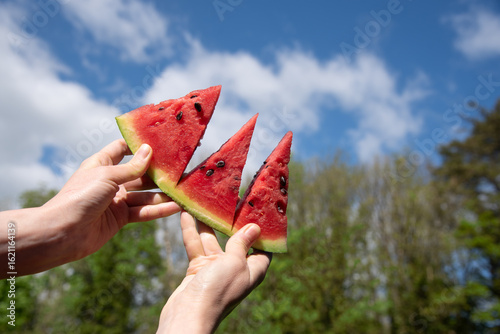 A cut slice of watermelon in hands against the background of a blue sky with white clouds. Summer background of a healthy and joyful time, relaxation, enjoying the sun, tasty and healthy food
