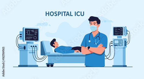 Confident Doctor Overseeing Patient In Intensive Care Unit With Monitoring Equipment