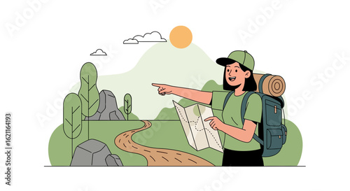 Confident Woman Hiker Navigating Scenic Trail with Topographic Map Illustration