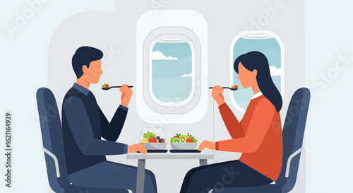 Couple Enjoying Healthy Meal On Airplane, A Journey Through The Skies