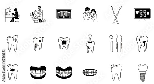 Explore dental care services teeth health and oral hygiene with dentist and tools for healthy smile design vector silhouette