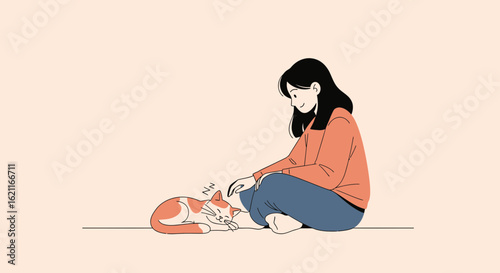Cozy Moments A Young Woman Gently Strokes A Sleeping Ginger Cat In A Relaxing Scene